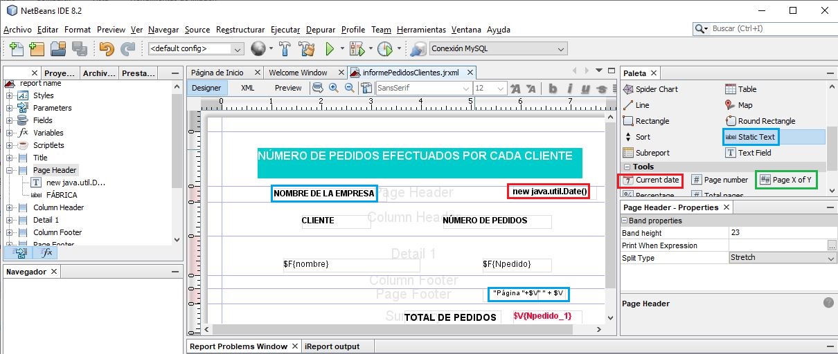 Ilustración en donde aparece el diseño de un informe y la paleta. Los elementos Static Text y Current date y Page X of Y aparecen rodeados de rojo y de ellos salen flechas que apuntan a las bandas de encabezado y pie de página del informe.