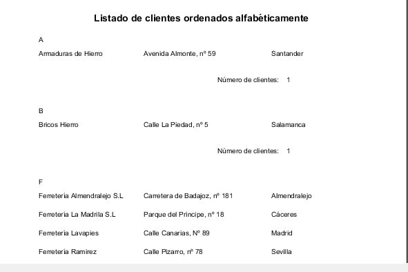 Ilustración de un informe agrupado por la letra inicial del nombre del cliente.