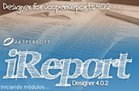Ilustración donde Aparece el nombre de la herramienta, iReport y la versión, 4.0.2, dibujado en trazos blancos sobre un fondo de folios impresos en colores degradados del marrón al azul.