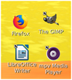 Imagen que muestra 4 logos de aplicaciones informáticas. Está compuesto por un navegador web (Firefox), un editor de imágenes (Gimp), un procesador de texto (LibreOffice Writter) y un reproductor multimedia ( Media Player). 