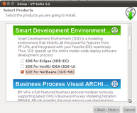 Ventana de la instalación de Visual Paradigm, en concreto la que muestra la casilla de verificación para indicar que se debe instalar el SDE para NetBeans en la que se puede leer: Smart Development Environment junto con su icono y el siguiente texto: Smart Development Environment (SDE) is a modeling environment that inherits all the powerful features from VP-UML and integrated with your favourites IDEs seamlessly. Thus, SDE speeds up the entire model-code-deploy software development process. Debajo aparece un cuadro blanco seguido del texto SDE for Eclipse (SDE-EC). Debajo otro cuadro blanco seguido del texto SDE for IntelliJ IDEA (SDE-IJ). Y un último un cuadro de color naranja marcado  seguido del texto SDE for NetBeans (SDE-NB).