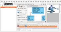  Pantalla del SDE para NetBeans de VP-UML. La pantalla aparece dividida en cinco zonas. Arriba aparece una hilera de iconos para seleccionar diferentes tipos de diagramas UML, en a zona inferior tenemos a la izquierda un panel para seleccionar elementos del proyecto VP, en la zona central aparece un diagrama de clases junto con el panel con los elementos que podemos añadir al diagrama. A la derecha aparece una vista previa del diagrama y en la zona inferior la ventana de mensajes.