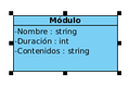 Clase formada por un rectángulo de color azul, dividida en dos bandas horizontales, en la superior vemos el nombre de la clase que es Módulo centrado y en negrita, en la inferior sus tres atributos que son: -.