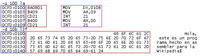 Ilustración con un fragmento de código escrito en ensamblador con su equivalente en hexadecimal y las direcciones de memoria donde está alojado. En color rojo se ha resaltado el código máquina en hexadecimal, en magenta el código escrito en ensamblador y en azul, las direcciones de memoria donde se encuentra el código.
