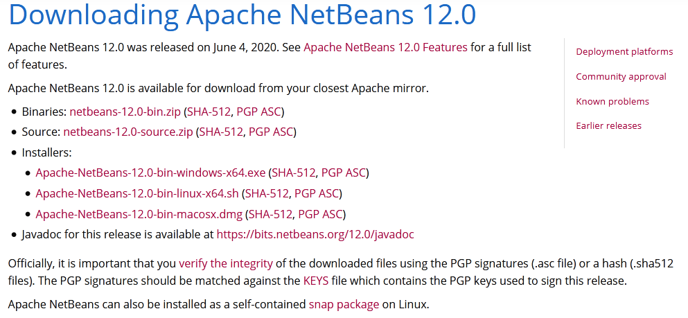 Ilustración que muestra las opciones de descarga de Apache Netbeans 12.