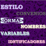 Imagen con las palabras: estilo, normas, nombres, variables e identificadores flotando sobre un fondo de color.