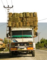 Camión sobrecargado con fardos de paja.