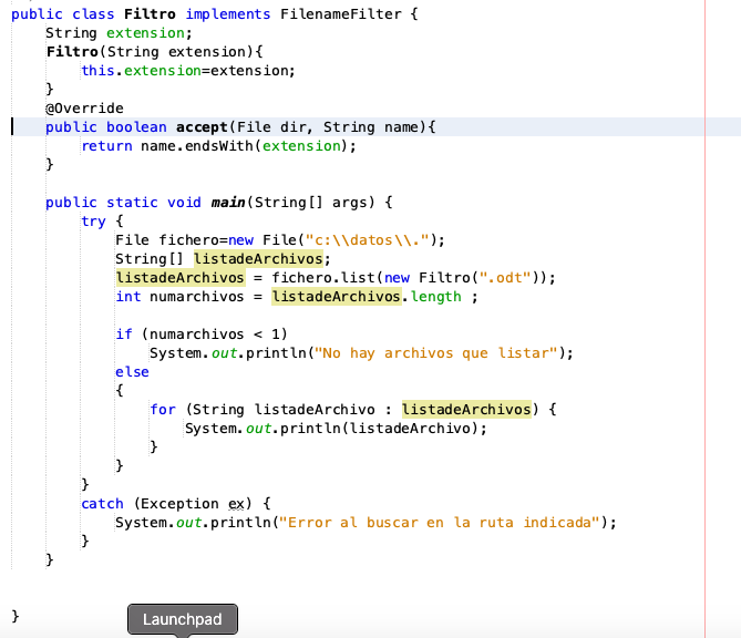 Filtro de ficheros. Imagen del código Java para filtrar ficheros en una carpeta llamada datos, del disco duro.