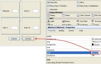 Cuatro paneles a la izquierda de la imagen, debajo, dos botones, uno de aceptar y otro de cancelar. A la derecha se está modificando la propiedad text del botón de cancelar.