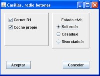 Formulario con dos paneles y dos botones. En el panel de la izquierda hay dos botones de chequeo, en el panel de la derecha hay cuatro.