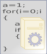 Icono de un ejecutable script. Un fichero con instrucciones de lenguaje de programación de alto nivel; y un chasis de ordenador con una rueda dentada de ejecución en su interior.