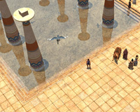 La imagen muestra el escenario de un juego en el que aparecen varios personajes: cuatro humanos, un caballo y un ave; todos ellos en una plaza que tiene una fuente cuadrada llena de agua en el centro.