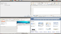 Captura de pantalla del Sistema Operativo Ubuntu 10.10, muestra en forma de mosaico la la ejecución de las aplicaciones: NetBeans 6.9.1; la aplicación Java de ejemplo Anagrams; el procesador de textos Writer de OpenOffice; y, el navegador web Chromium.