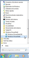 Acceso desde el menú de Programas del sistema al intérprete de comandos PowerShell de Windows para lanzar su ejecución. Símbolo de Windows → Todos los programas → Accesorios → Windows PowerShell → Windows PowerShell.