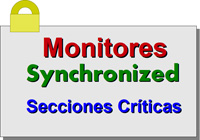 Dibujo con las palabras Monitores, Synchronized y Secciones Críticas en rojo, verde y azul respectivamente, sobre un cartel gris y con un candado en la esquina superior izquierda.