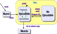 Esquema con los estados de un hilo: nuevo, ejecutable (preparado y ejecutándose), no ejecutable y muerto. Se muestra también algunos métodos que permiten pasar de un estado a otro, como el método new(), start(), sleep() y wait(). También se muestra el método yield(), la etiqueta vivo (estados ejecutable y no ejecutable), y la etiqueta fin de método run(), para indicar que así se pasa al estado muerto.