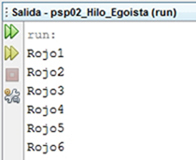 Salida el programa NetBeans mostrando Rojo1, Rojo1, Rojo3, Rojo4, Rojo5, Rojo6 en columna.