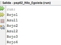 Salida el programa NetBeans mostrando Rojo1, Azul1, Rojo2, Azul2, Rojo3, Rojo4 en columna.