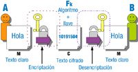 Dibujo esquema representando una proceso de encriptación y desencriptación. A la izquierda a un texto claro (hola) se le aplica un algoritmo y clave representado por un candado y una llave sobre una flecha, se obtiene un texto cifrado (10191504). A la derecha del texto cifrado un candado abierto y una llave sobre una flecha representan la desencriptación. Después de la flecha un recuadro con el texto claro.