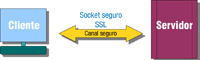 Dibujo que representa una conexión mediante sockets SSL. A la izquierda un recuadro azul etiquetado como cliente, a la derecha un recuadro burdeos etiquetado como servidor. Entre ambos una flecha amarilla de doble punta con el texto canal seguro.