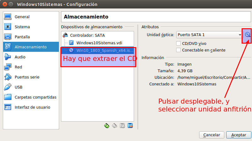 Extraer iso de Windows. Ilustración de Extraer iso de Windows, pulsar desplegable y seleccionar unidad anfitrión.