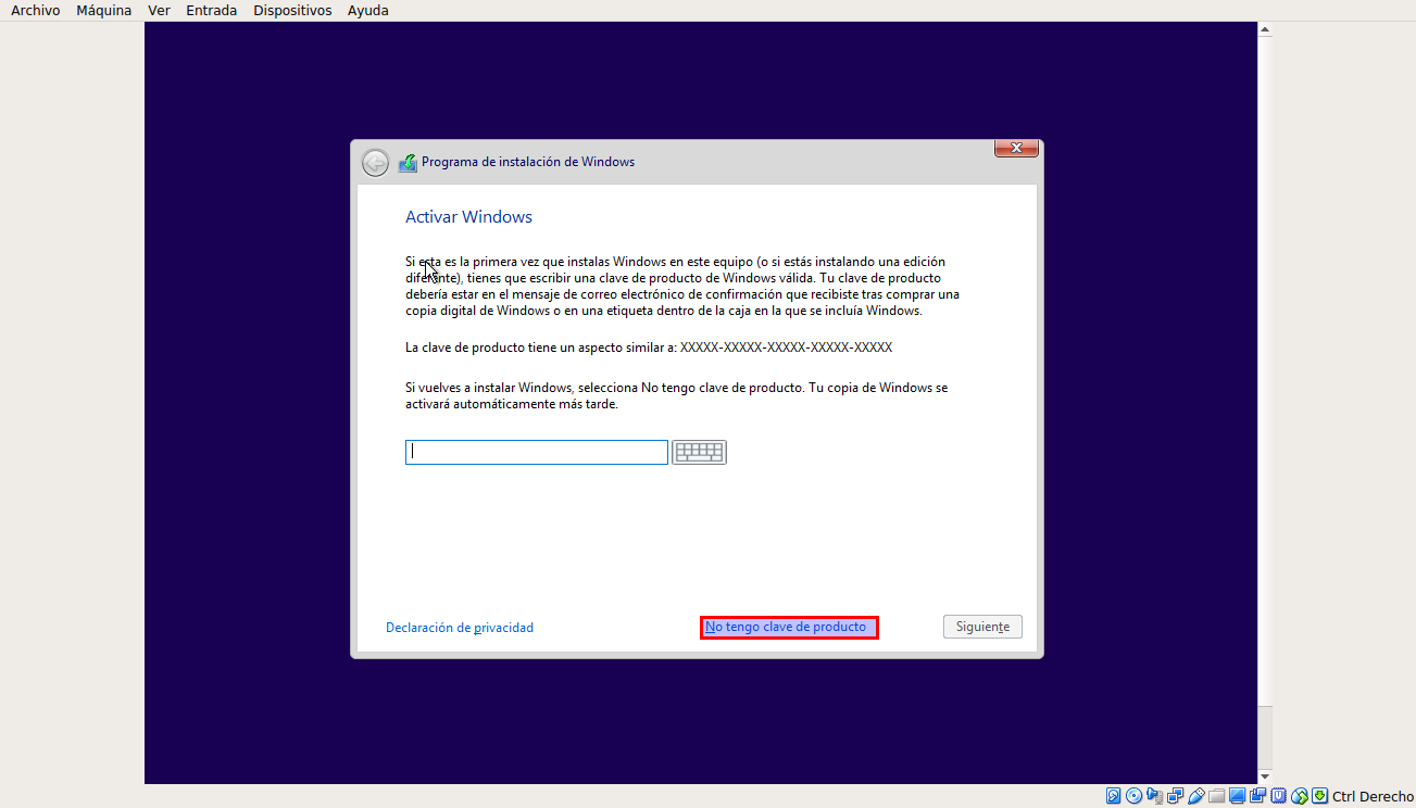 Escribir clave de Windows o instalar como versión de prueba. Ilustración donde seleccionamos “No tengo clave del producto”.