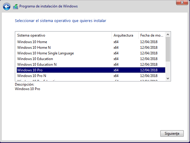 Instalamos la versión Windows 10 Pro. Ilustración de seleccionar el sistema operativo Windows 10 Pro.