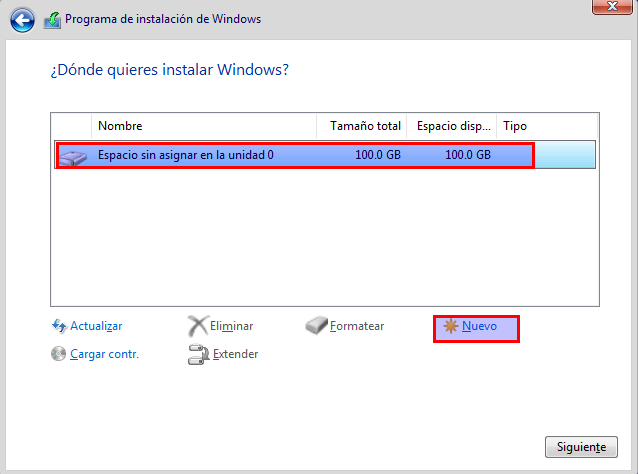 Crear partición donde instalar Windows Ilustración de instalar windows en una nueva partición.