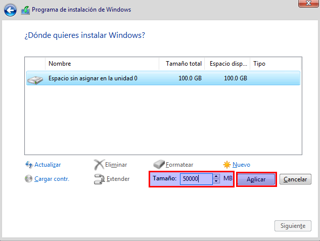 Crear partición de 50GB para la instalación de Windows. Ilustración de Crear partición de 50GB para la instalación de Windows.