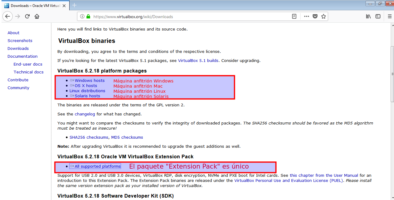 Descarga de VirtualBox y Extension Pack Iustración de escoger paquete de VirtualBox 5.2.18.