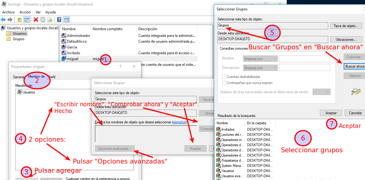 AñadirGrupoUsuario En usuario seleccionado, pulsar "propiedades" y "miembro de" para buscar grupo