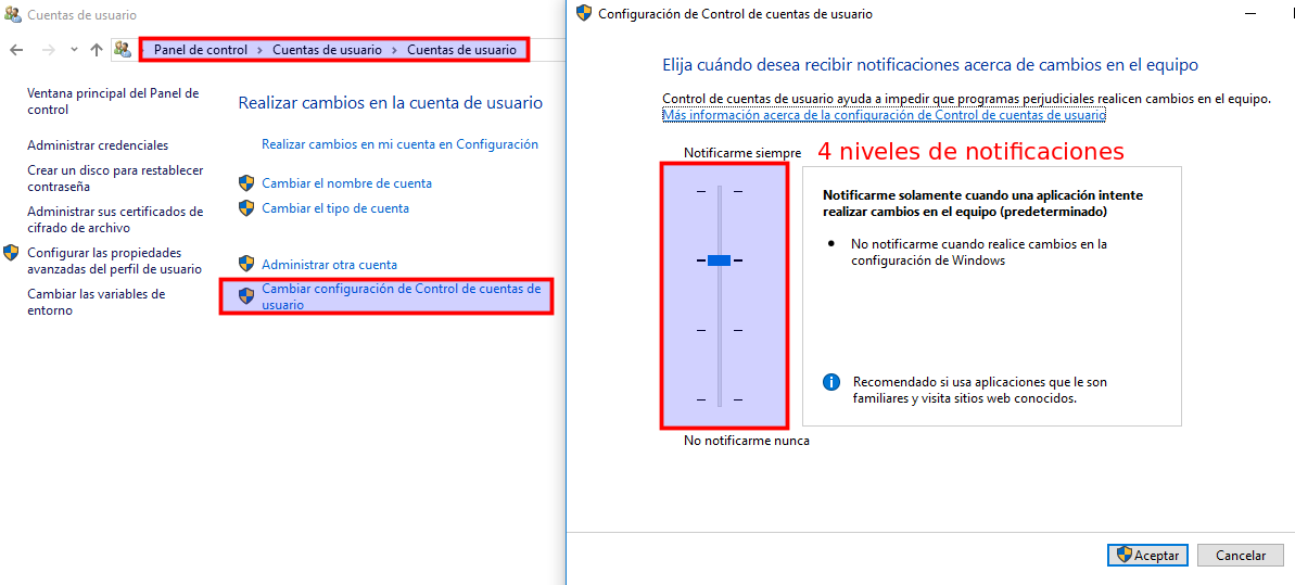 ConfiguraciónControlCuentasUsuari Ilustración dónde se establece el nivel de alerta deseado en UAC