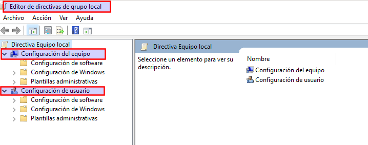 EditorDirectivas Ilustración que muestra editor de directivas, con 2 configuraciones principales: equipo y usuario