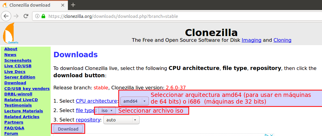Descargar iso de Clonezilla. Ilustración de Descargar iso de Clonezilla.