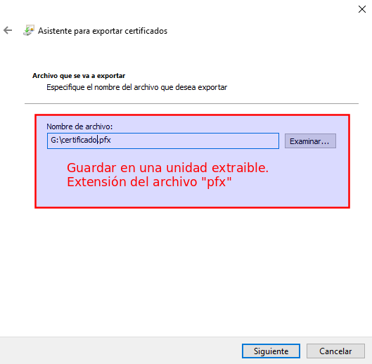 Guardar certificado pfx en unidad extraíble. Ilustración Guardar certificado pfx en unidad extraíble.