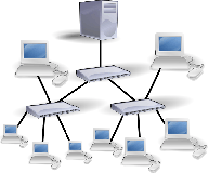 Topología arbol Ilustración que muestra varios conectados conectados en estrella a un switch, y estos switch conectados formando un árbol de conexiones.