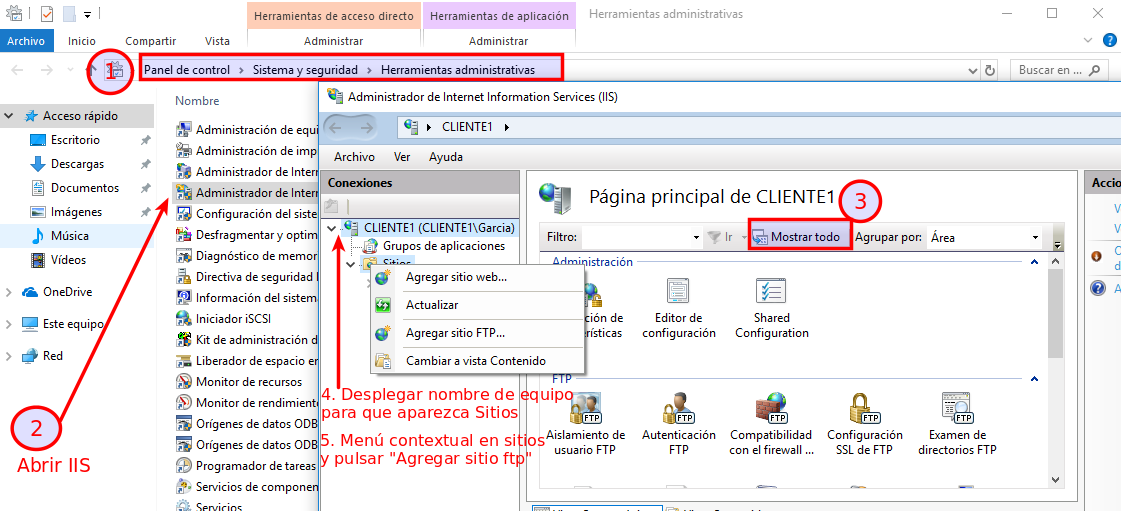 Consola de IIS: agregar sitio FTP. Ilustración de Consola de IIS: agregar sitio FTP.
