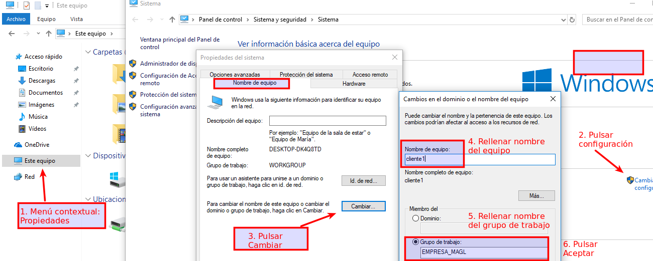 Configurar nombre de equipo y grupo de trabajo. Ilustración de Configurar nombre de equipo y grupo de trabajo.