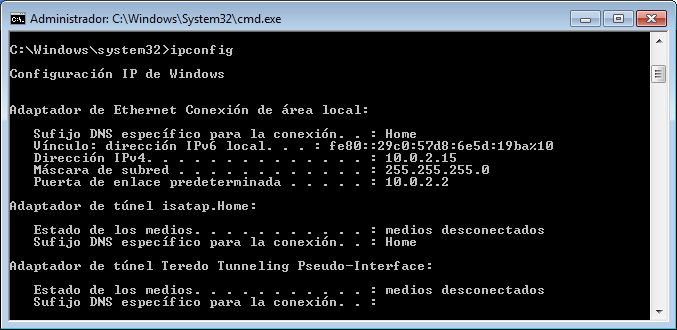 Comando ipconfig. Ilustración comando ipconfig.
