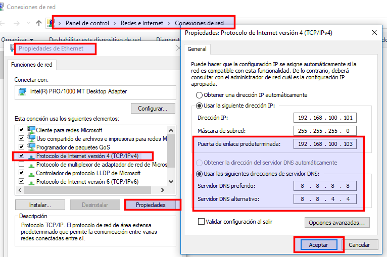 Puerta de enlace y servidor DNS Ilustración que muestra como se configura puerta de enlace y DNS