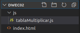 Estructura del proyecto con el archivo index.html en el raíz y una carpeta llamada js que contiene el archivo tablaMultiplicar.js