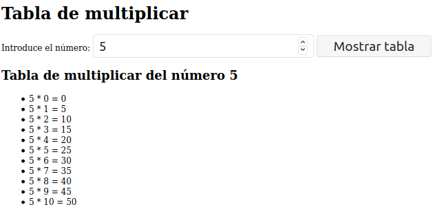 Visaulización del ejemplo en la que se muestra la tabla de multiplicar del número introducido.