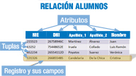 Muestra una tabla con datos de alumnado, identificando las tuplas/registros/filas y los atributos/columnas/campos.