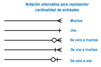 Aparecen cinco notaciones diferentes para expresar los tipos de cardinalidades de las entidades. Estas son: muchos, uno, cero o muchos, uno o muchos y  cero o uno.