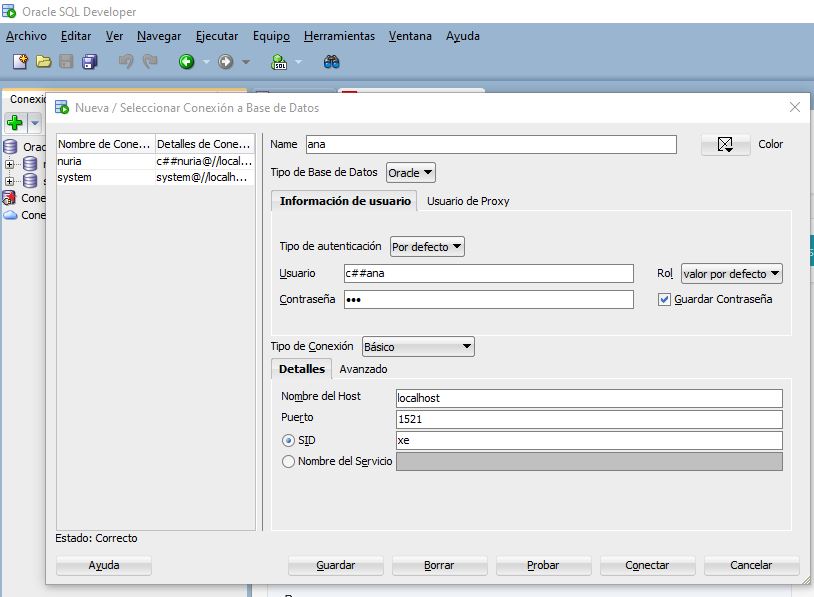 Captura de pantalla de creación de conexión en SQLDeveloper