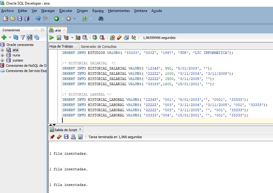 Captura de pantalla de la Ejecución script en SQLDeveloper tras pulsar F5