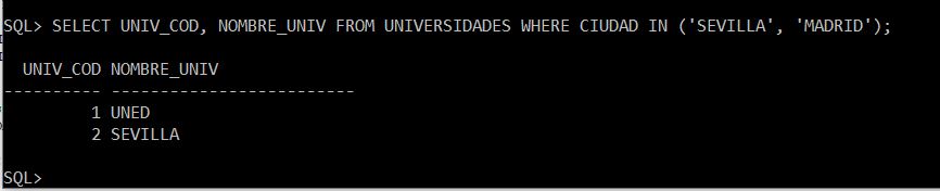 Ejecución de la sentencia  SELECT UNIV_COD, NOMBRE_UNIV FROM UNIVERSIDADES WHERE CIUDAD IN ('SEVILLA', 'MADRID'); y sus resultados