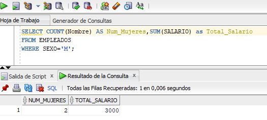 Captura de pantalla de la ejecución de la sentencia SELECT COUNT(Nombre),SUM(SALARIO) FROM EMPLEADOS WHERE SEXO='M'; en SQLDeveloper