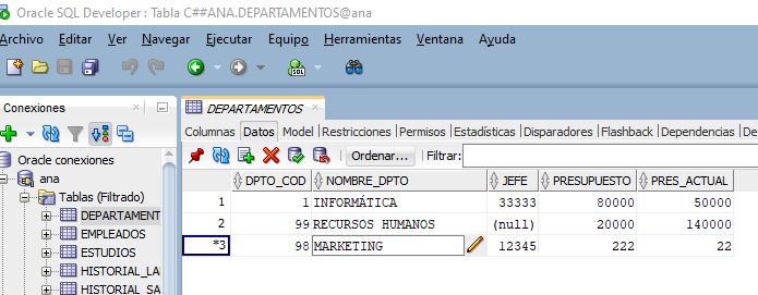 Captura de pantalla de la modificación de  filas utilizando el interface gráfico de SQLDeveloper