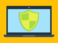 Ilustración de una ordenador portátil con el escudo de un antivirus en toda la pantalla.